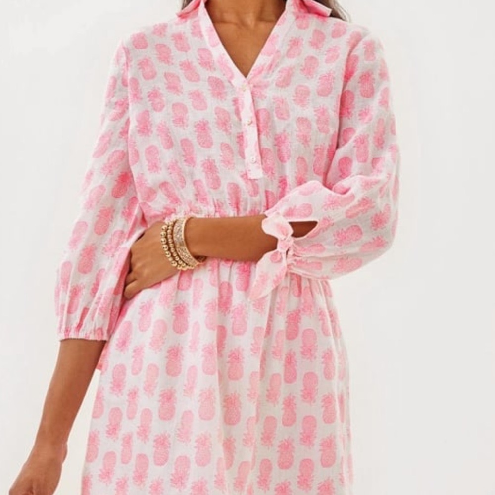 Lilly Pulitzer Pink and White Bishop Sleeve Wrap Dress linen